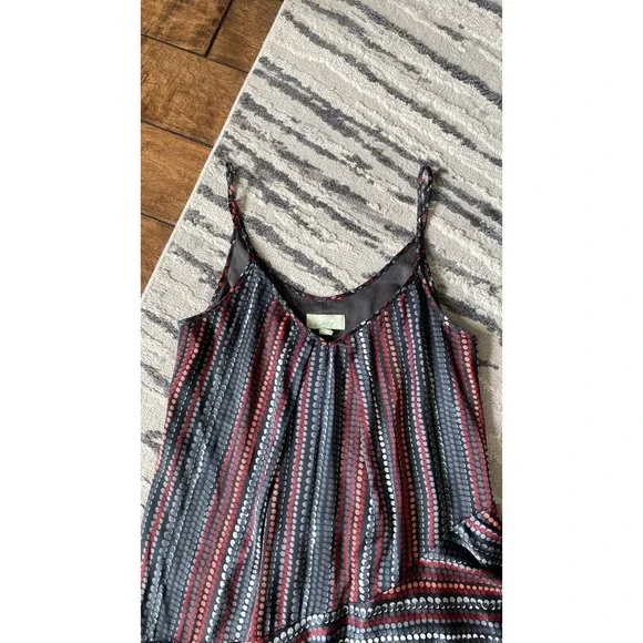 Women's Haven Silk Asymmetric Ruffle Dress Sz S Gray Red Black Dot Lightweight - Picture 2 of 7